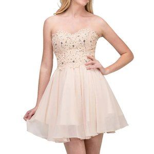 SHORT STRAPLESS DRESS WITH BEADED LACE APPLIQUES BY STAR BOX 6063-1 (CHAMPAGNE)